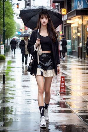 The girl wore a short skirt and walked on the rainy street, holding an umbrella. Upper body photos, 8K,
(Han Hyo Joo:0.8), (Anne Hathaway:0.8),