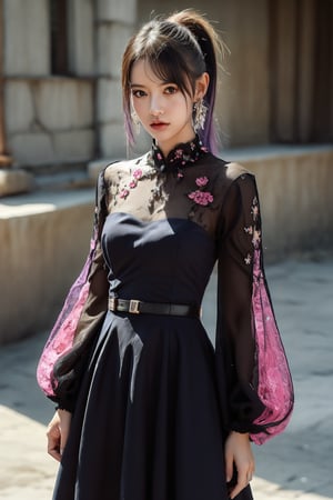 1girl, solo, looking at viewer, long hair, multicolored hair, purple hair, blue hair, blue eyes, ponytail, hair ornament, earrings, jewelry, multicolored clothes, see-through dress, blue dress, pink dress, see-through sleeves, flower, standing, (Han Hyo Joo:0.8), (Anne Hathaway:0.8),