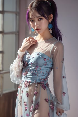 1girl, solo, looking at viewer, long hair, multicolored hair, purple hair, blue hair, blue eyes, ponytail, hair ornament, earrings, jewelry, multicolored clothes, see-through dress, blue dress, pink dress, see-through sleeves, flower, standing, (Han Hyo Joo:0.8), (Anne Hathaway:0.8),