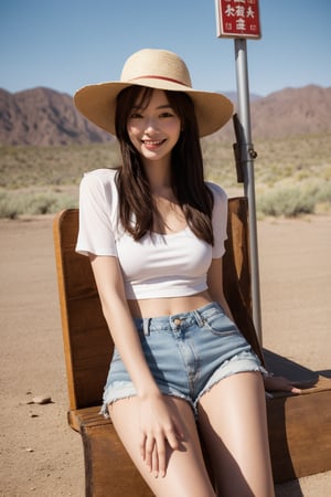 In the photo, a beautiful girl wearing a hat, white top, torn denim shorts and leather boots is smiling and leaning on a wooden sign that reads "Taiwan No. 1" coming out of a car wash in the desert with bleach around Green-orange grading, (Han Hyo Joo:0.8), (Anne Hathaway:0.8),