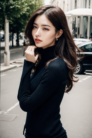 background is street,the Arc de Triomphe,triumphal arch,Paris,
18 yo, 1 girl, beautiful korean girl,
wearing tight black sweater(turtle neck,simple),tight leather short skirt,black long boots,shoulder bag, smile, solo, {beautiful and detailed eyes}, dark eyes, calm expression, delicate facial features, ((model pose)), Glamor body type, (dark hair:1.2), simple tiny earrings, simple tiny necklace,very_long_hair, hair past hip, bangs, curly hair, flim grain, realhands, masterpiece, Best Quality, 16k, photorealistic, ultra-detailed, finely detailed, high resolution, perfect dynamic composition, beautiful detailed eyes, eye smile, ((nervous and embarrassed)), sharp-focus, full_body, cowboy_shot,(Chi-Ling Lin:0.8), (Emma Watson:0.8),