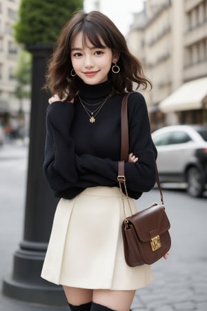 background is street,the Arc de Triomphe,triumphal arch,Paris, 18 yo, 1 girl, beautiful korean girl, wearing tight black sweater(turtle neck,simple),tight leather short skirt,black long boots,shoulder bag, smile, solo, {beautiful and detailed eyes}, dark eyes, calm expression, delicate facial features, ((model pose)), Glamor body type, (dark hair:1.2), simple tiny earrings, simple tiny necklace,very_long_hair, hair past hip, bangs, curly hair, flim grain, realhands, masterpiece, Best Quality, 16k, photorealistic, ultra-detailed, finely detailed, high resolution, perfect dynamic composition, beautiful detailed eyes, eye smile, ((nervous and embarrassed)), sharp-focus, full_body, cowboy_shot,
(Han Hyo Joo:0.8), (Anne Hathaway:0.8),wrenchmicroarch