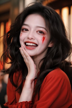 1girl, solo, long hair, open mouth, black hair, teeth, blurry, black eyes, lips, makeup, motion blur, vampire, fangs, blood_on_face,(Han Hyo Joo:0.8), (Anne Hathaway:0.8),