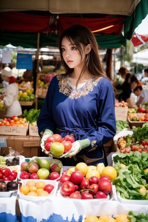 A medieval girl in traditional dress, vegetables and fruits, at a farmer's market, mysterious medieval, masterpiece,High detailed,watercolor,ukrainian dress