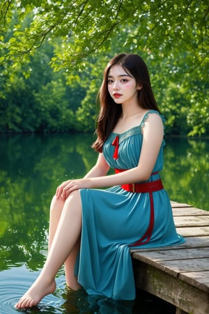 A serene moment: A young woman sits comfortably on a weathered wooden dock, her bare toes gently dipping into the glassy calm body of water. She wears a flowing blue dress adorned with a vibrant red belt, adding a pop of color to the peaceful atmosphere. Framing the tranquil scene, lush greenery surrounds her, dense and verdant, tree branches intertwining above, creating a natural canopy.