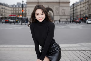 background is street,the Arc de Triomphe,triumphal arch,Paris, 18 yo, 1 girl, beautiful korean girl, wearing tight black sweater(turtle neck,simple),tight leather short skirt,black long boots,shoulder bag, smile, solo, {beautiful and detailed eyes}, dark eyes, calm expression, delicate facial features, ((model pose)), Glamor body type, (dark hair:1.2), simple tiny earrings, simple tiny necklace,very_long_hair, hair past hip, bangs, curly hair, flim grain, realhands, masterpiece, Best Quality, 16k, photorealistic, ultra-detailed, finely detailed, high resolution, perfect dynamic composition, beautiful detailed eyes, eye smile, ((nervous and embarrassed)), sharp-focus, full_body, cowboy_shot,
(Han Hyo Joo:0.8), (Anne Hathaway:0.8),