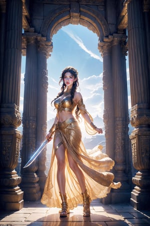A heroic maiden stands poised in the grand entrance of an ancient temple, her long skirt swirling around her legs as she holds a gleaming sword at the ready. Soft morning light casts a warm glow over her determined expression, the intricate carvings on the stone walls and ornate pillars providing a mystical backdrop for her courageous stance.