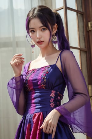 1girl, solo, looking at viewer, long hair, multicolored hair, purple hair, blue hair, blue eyes, ponytail, hair ornament, earrings, jewelry, multicolored clothes, see-through dress, blue dress, pink dress, see-through sleeves, flower, standing, (Han Hyo Joo:0.8), (Anne Hathaway:0.8),