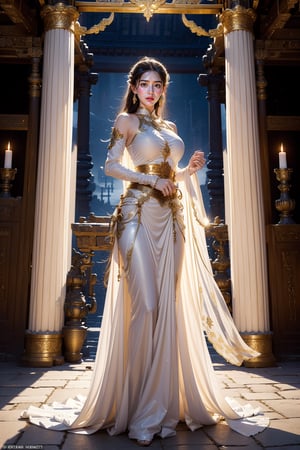 A heroic maiden stands poised in the grand entrance of an ancient temple, her slender frame clad in armor and finery, as she grasps a gleaming sword at her side. The wind whips through her flowing garments and cinched belt, while the warm glow of candlelight illuminates her determined visage.