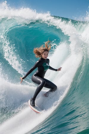 A breathtaking Olympic female surfer caught riding a massive wave. Her athletic body showcases both strength and grace, with long, toned legs that seem to stretch endlessly. Her lean, sculpted physique is accentuated by a form-fitting wetsuit, unzipped just enough to hint at her curves. She's captured in a dynamic pose atop her surfboard, body arched elegantly as she navigates the curl of the wave. Her muscular arms are extended for balance, every sinew defined, demonstrating power and control. Her sun-kissed face shows intense focus mixed with exhilaration, eyes locked on the wave ahead. Salt water droplets cling to her features, enhancing her natural beauty. Her long, wet hair streams behind her, adding to the sense of speed and motion. The background features a towering wave, its translucent blue-green waters contrasting with the surfer's board and wetsuit. Sprays of white foam accent the scene, emphasizing the wave's power. Use a vibrant color palette dominated by ocean blues and greens. Capture the juxtaposition of the surfer's feminine allure with her evident strength and skill, embodying the spirit of Olympic surfing. ,photorealistic:1.3, best quality, masterpiece,MikieHara,