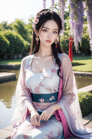 long sleeves, jewelry, dress, cleavage, jewelry, sitting, collarbone, flower, earrings, outdoors, water, lips, see-through, sash, petals, Chinese clothes, floral print, moon, upper body, full moon,Hanfu, realistic, wisteria, masterpiece, best quality, photorealistic, raw photo,long skirt,seethrough_china_dress,hanfu,ao dai