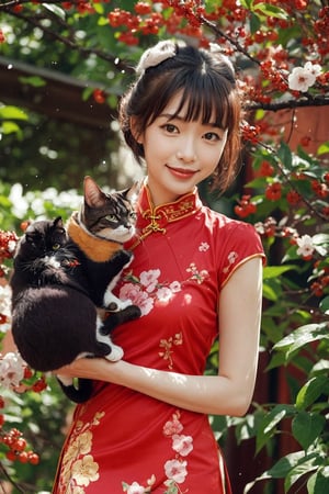 A beautiful woman in a cheongsam stood next to a red plum tree. A cat climbed onto the plum tree. The beautiful woman was looking at the cat and smiling.
(Han Hyo Joo:0.8), (Anne Hathaway:0.8),