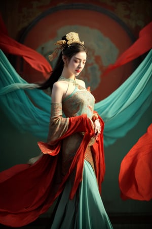 This is a digital photography. A girl, photographed from head to toe, wears an ornate, flowing costume from ancient Chinese Dunhuang murals in bright colors including turquoise, gold and red, embellished with floral patterns and delicate details. The long flowing black hair is decorated with ornate hair accessories, against a background of softly blurred glowing spheres and abstract elements, suggesting a mysterious or dreamy environment. The dynamic light and flow of clothing convey a sense of movement, adding to the ethereal quality of the artwork. The overall ambience is both serene and vivid, and the rich combination of textures and colors is intoxicating. Floating in the air, posing gracefully like a Chinese classical folk dance~~~~The body rotates sideways, causing the sleeves and hair to fly,AIDA_LoRA_AnC,(Han Hyo Joo:0.8), (Anne Hathaway:0.8),dunhuang_cloths,Dunhuang