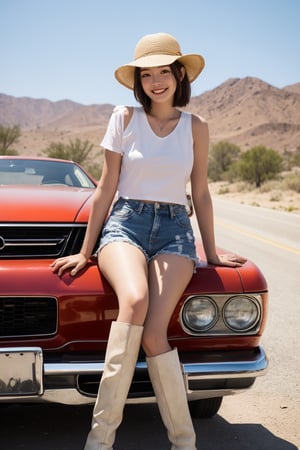 In the photo, a beautiful girl wearing a hat, white top, torn denim shorts and leather boots is smiling and leaning on a wooden sign that reads "Taiwan No. 1" coming out of a car wash in the desert with bleach around Green-orange grading, (Han Hyo Joo:0.8), (Anne Hathaway:0.8),