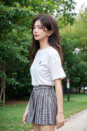 (((masterpiece))), (((best quality))), Best picture quality, high resolution, 8k, realistic, sharp focus, realistic image of elegant lady, Korean beauty, supermodel, girl, standing, wearing short-sleeved school uniform, dark-colored skirt, pleated skirt with tartan pattern, bubble socks, student shoes, light brown hair, long hair, green eyes, side-swept bangs, sideburns, phone, (wet body:1.0), sunlight, sweat, a dog, helf body, shoes removed, Head tilt, untucked, Profile, (high quality:1.0), (white background:0.8), detailed face, (blush:1.0), 1 girl, Young beauty spirit, ZGirl, perfect light, Detailedface, 1 girl, big eyes, eye shadow, SharpEyess, perfecteyes eyes , Smirk,Detailedface, perfect light, ZGirl,dreaming_background, photo of perfecteyes eyes,