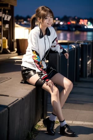 Prompt: (((32K CG, UHD, detailed view))),()(Full-length))),(((full body:1.3))) (RAW photo, best quality), (realistic),photo, masterpiece, 1girl, ponytail, looking at viewer, hoodies, jacket, shorts, at night outdoor, harbor, street, full body, (light smile:0.7),blush, long shot,photorealistic,Secretary_uniform,white_shirt,black_leather_skirt,black_stockings,(Han Hyo Joo:0.8), (Anne Hathaway:0.8),