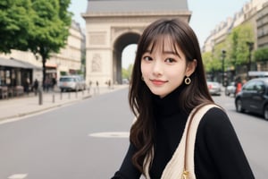 background is street,the Arc de Triomphe,triumphal arch,Paris, 18 yo, 1 girl, beautiful korean girl, wearing tight black sweater(turtle neck,simple),tight leather short skirt,black long boots,shoulder bag, smile, solo, {beautiful and detailed eyes}, dark eyes, calm expression, delicate facial features, ((model pose)), Glamor body type, (dark hair:1.2), simple tiny earrings, simple tiny necklace,very_long_hair, hair past hip, bangs, curly hair, flim grain, realhands, masterpiece, Best Quality, 16k, photorealistic, ultra-detailed, finely detailed, high resolution, perfect dynamic composition, beautiful detailed eyes, eye smile, ((nervous and embarrassed)), sharp-focus, full_body, cowboy_shot,
(Han Hyo Joo:0.8), (Anne Hathaway:0.8),wrenchmicroarch