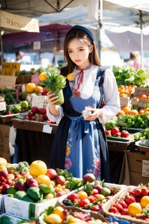 A medieval girl in traditional dress, vegetables and fruits, at a farmer's market, mysterious medieval, masterpiece,High detailed,watercolor,ukrainian dress