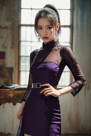 1girl, solo, looking at viewer, long hair, multicolored hair, purple hair, blue hair, blue eyes, ponytail, hair ornament, earrings, jewelry, multicolored clothes, see-through dress, blue dress, pink dress, see-through sleeves, flower, standing, (Han Hyo Joo:0.8), (Anne Hathaway:0.8),