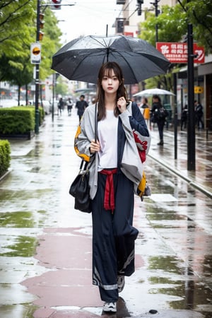 A girl walked briskly on the rainy street, holding an umbrella. Half body photo, high definition,
(Han Hyo Joo:0.8), (Anne Hathaway:0.8),