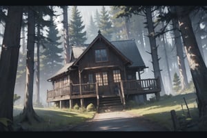 cabin, exterior, outdoors, forest, (dutch angle), masterpiece, best quality, highres