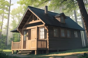 cabin, exterior, outdoors, forest, dutch angle, masterpiece, best quality, highres, very aesthetic