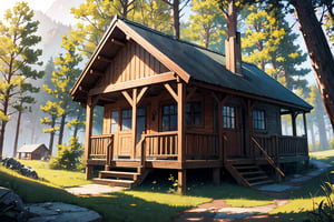 cabin, exterior, outdoors, forest, dutch angle, masterpiece, best quality, highres, Detail, Detailed, Shader