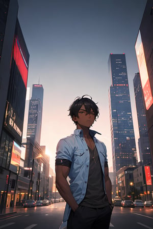  1man, (dark skin), upper body, city, masterpiece, best quality, highres