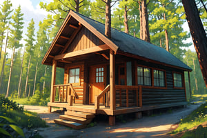 cabin, exterior, outdoors, forest, dutch angle, masterpiece, best quality, highres, SAM YANG