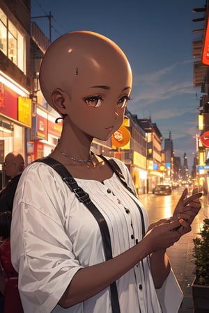  1ma, bald, (dark skin), upper body, city, masterpiece, best quality, highres