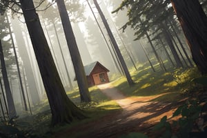 forest, cabin, outside, complex background, dutch angle, masterpiece, best quality, highres, very aesthetic