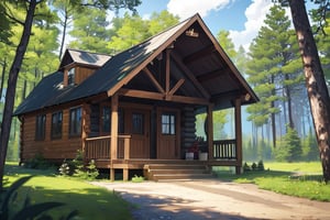 cabin, exterior, outdoors, forest, dutch angle, masterpiece, best quality, highres