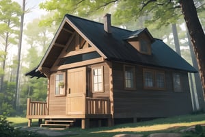 cabin, exterior, outdoors, forest, dutch angle, masterpiece, best quality, highres, very aesthetic