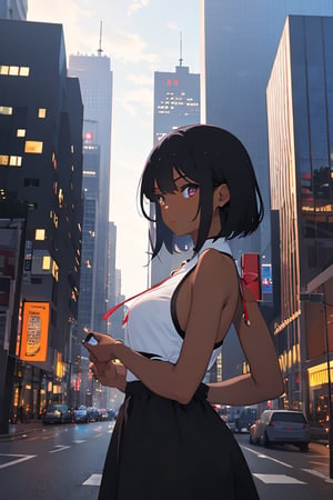  1girl, (very dark skin), upper body, city, masterpiece, best quality, highres