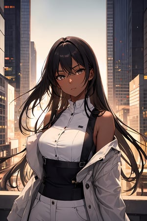  1girl, (very dark skin), upper body, city, masterpiece, best quality, highres,High detailed 