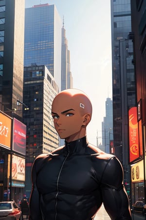  1man, bald, (dark skin), upper body, city, masterpiece, best quality, highres
