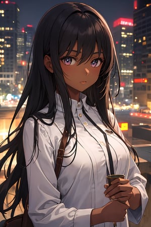  1girl, (very dark skin), upper body, city, masterpiece, best quality, highres,High detailed 