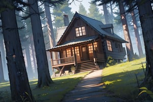 cabin, exterior, outdoors, forest, (dutch angle), masterpiece, best quality, highres