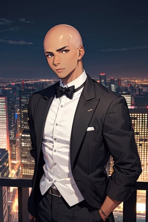  1boy, mature, bald, (dark skin), upper body, city, masterpiece, best quality, highres,photo background