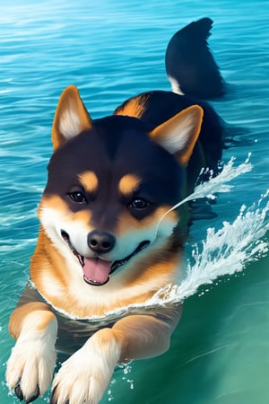 Photo realistic, Shiba Inu swimming in the ocean