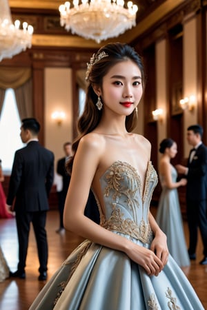 Mid-shot photo of a young Asian beauty, ethereal in a stunning long ball gown, her slender figure radiating elegance. Shy smile plays on her lips as she stands confidently in the large stage in the ballroom hall filled with people, hands and fingers resting demurely by her sides, a delicate lady's bag clutched at her hip. Long brown hair falls straight down her back like silk, catching the soft light. A photographer captures her radiant essence with precision.,Beauty