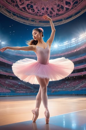 An Asian ballerina dancer stands center stage in a gleaming white tutu and pink pointe shoes, her arms outstretched as she twirls to the music. The  rises majestically in the distant background, its iron latticework glistening in the fading light of day. The stadium's bright blue seats stretch out before her, empty and expectant. Ribbon design swirling round,
Extremely Realistic,more detail XL