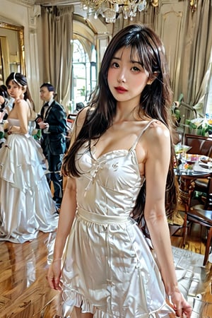 Medium shot of small skinny pretty young Asian with very long straight hair wearing grand bridesmaids dress in wedding reception, magical, beautiful, aesthetic, fair skin, More Reasonable Details,,Masterpiece, photographic quality,more detail XL