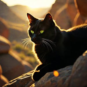 A sweeping panorama unfolds as a sleek black cat with piercing green eyes and velvety soft fur lounges on a sun-kissed rock formation. The feline dons trendy aviator sunglasses, adding a dash of cool to its already suave demeanor. Skin pores glisten in the warm light, imbuing the image with an uncanny realism. Cinematic quality shines through as the cat's whiskers and ears are meticulously rendered, showcasing Midjourney's signature attention to detail.