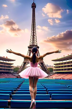 Cowboy shot of an Asian ballerina dancer stands center stage in a gleaming white tutu and pink pointe shoes, her arms outstretched as she twirls to the music. The Eiffel Tower rises majestically in the distant background, its iron latticework glistening in the fading light of day. The stadium's bright blue seats stretch out before her, empty and expectant.,Supreme