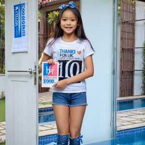 Realistic full body photo of a young skinny Asian pretty tween holding a poster with text saying "Thanks for 100 likes", wearing casual shirt and jeans, hair ribbon, with long straight hair sitting on open door in bedroom of villa by the pool, show armpits, (((photorealism:1.4))), small smile, hair clip, skinny face, best quality, photography quality, 8k, 