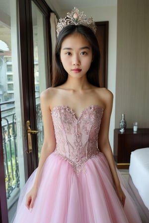 Mid shot of beautiful skinny waif-like 18-year-old Asian girl wearing a detailed long ball gown in the open door bedroom in the hotel, front view, photography quality, realistic