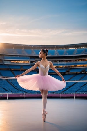 An Asian ballerina dancer stands center stage in a gleaming white tutu and pink pointe shoes, her arms outstretched as she twirls to the music. The  rises majestically in the distant background, its iron latticework glistening in the fading light of day. The stadium's bright blue seats stretch out before her, empty and expectant. Ribbon design swirling round,
Extremely Realistic,more detail XL