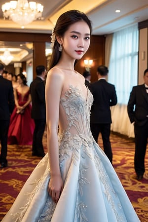 Mid-shot photo of a young Asian beauty, ethereal in a stunning long ball gown, her slender figure radiating elegance. Shy smile plays on her lips as she stands confidently in the large stage in the hotel ballroom filled with people, hands and fingers resting demurely by her sides, a delicate lady's bag clutched at her hip. Long brown hair falls straight down her back like silk, catching the soft light. A photographer captures her radiant essence with precision.,Beauty,Extremely Realistic Face,DETAILED,CHARACTER