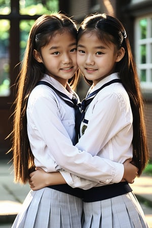 Produces a realistic image of teenage Asian girl hugging another girl. Sisters. They have long brown straight hair, small pubic hair standing, white school uniform, photorealistic, UHD, extremely detailed, masterpiece, realistic lighting, natural textures, high-resolutipn details, age difference, in school setting, cinematic quality, realism, Extremely Realistic,Midjourney style